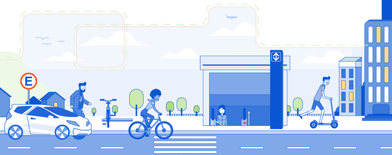 Ilustração de rua com carro, pedestre e ciclista na cidade.