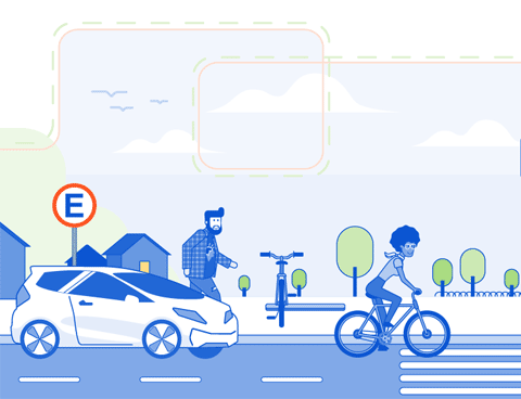 Ilustração de rua com carro, pedestre e ciclista na cidade.