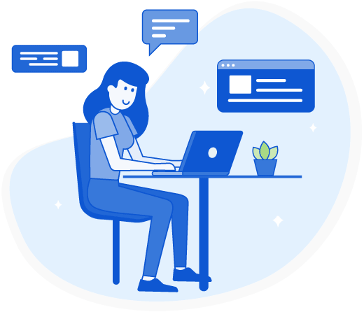 Ilustração de uma mulher sentada à mesa utilizando um laptop para contratar seguro online.